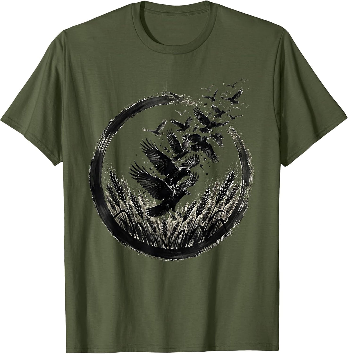 Crows Bursting From Wheat Field Illustration T-Shirt - Olive Green