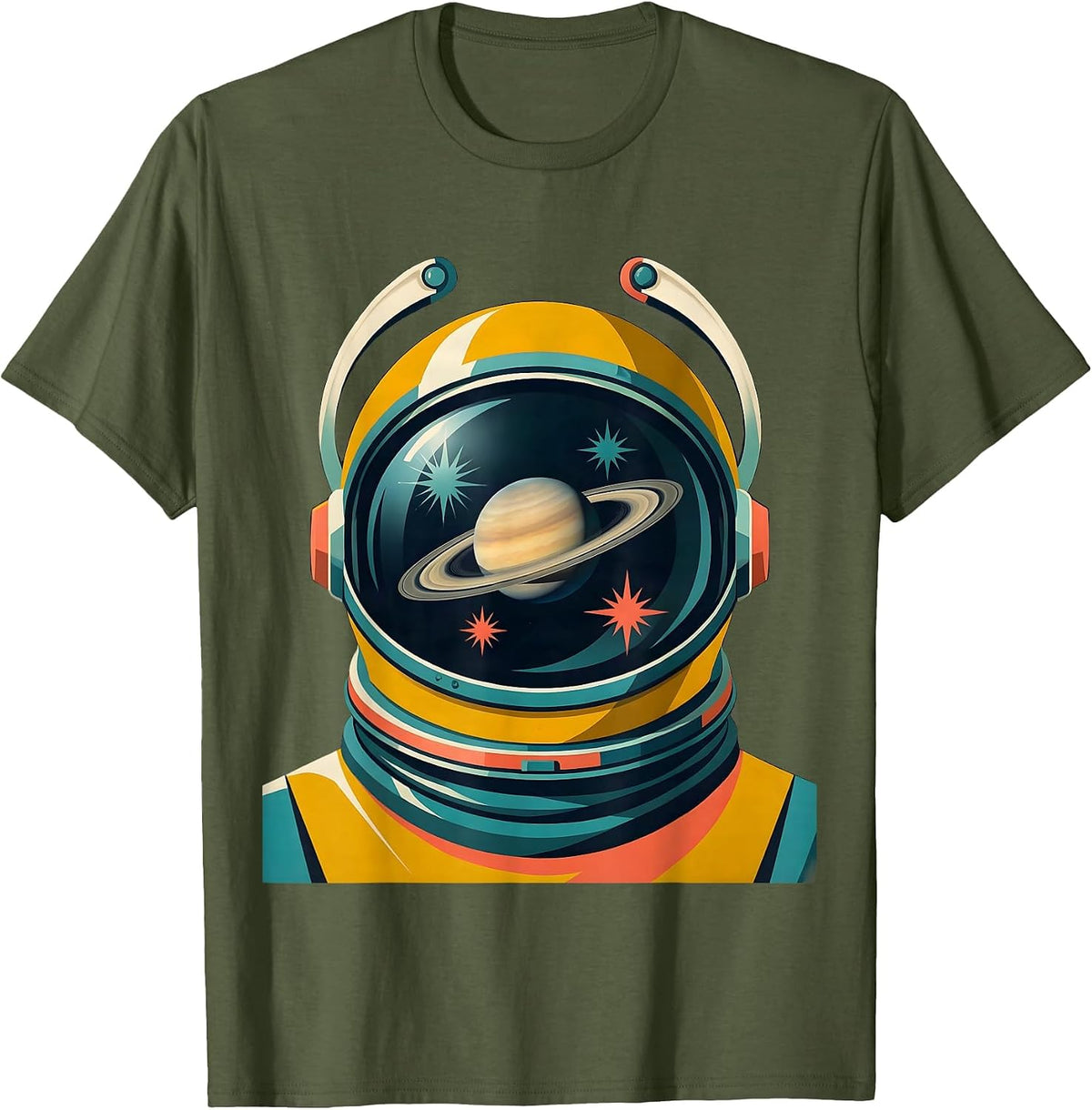 Men's Retro Space Helmet Planet Reflection Design T-Shirt - Olive Green