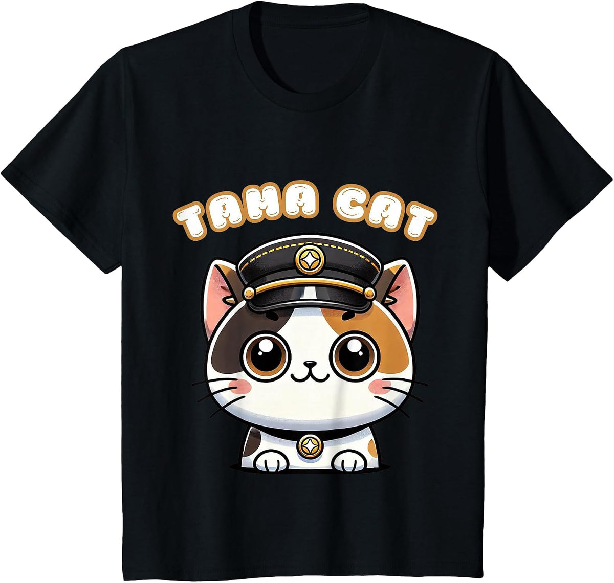 Tama Cat Railway Officer Kawaii Calico Cute Japanese T-Shirt - Black