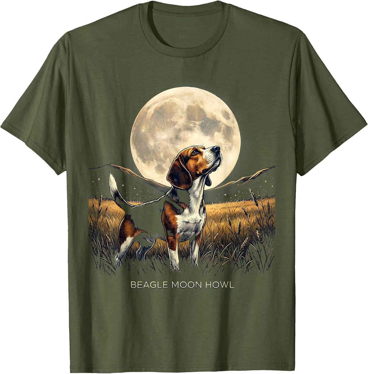 Men's Beagle Moon Howl Vintage 90s Retro Animal T-Shirt - Olive Green