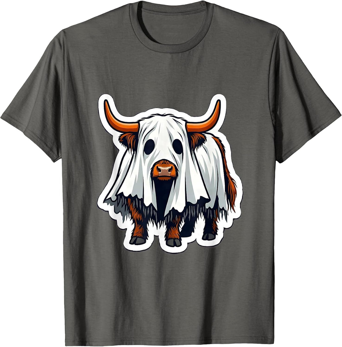 Men's Leaning Ghost Sheet Highland Cow Halloween Spooky Season T-Shirt - Asphalt Grey