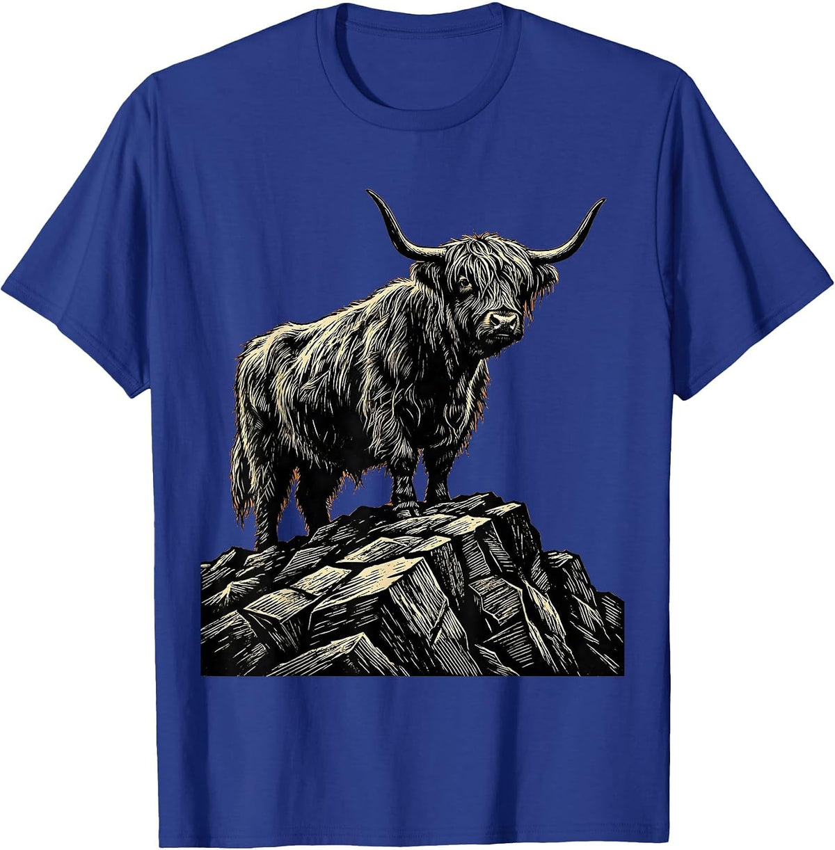 Highland Cow Mountain Peak Graphic T-Shirt - Royal Blue