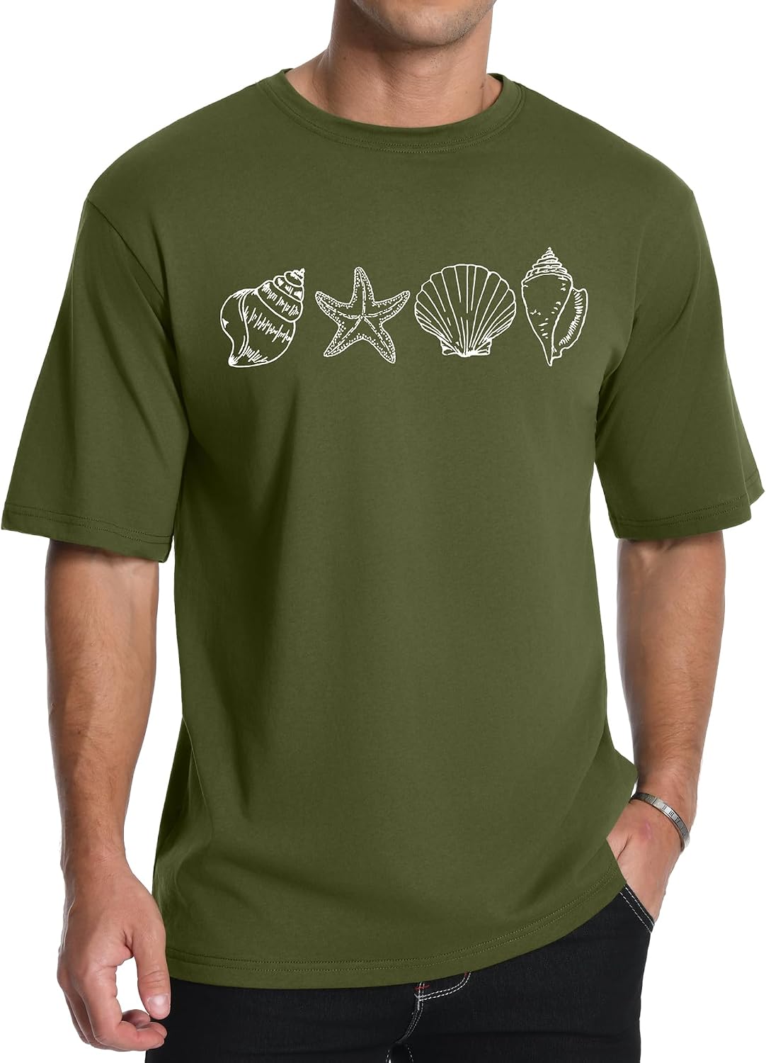 Aiyino Men's Seashell Beach Starfish Coastal 100% Cotton Graphic Tee - Armygreen