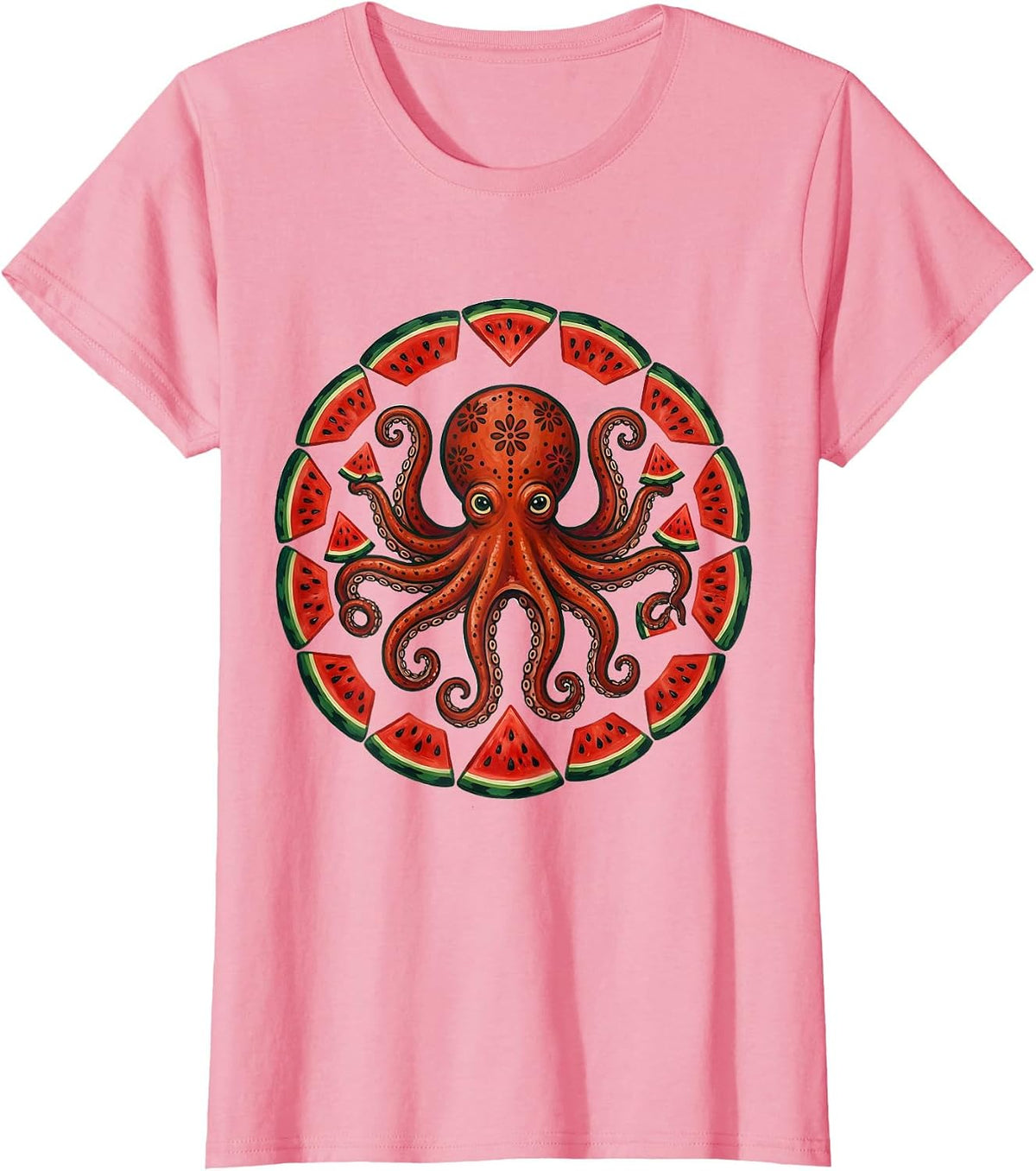 Women's Octopus Watermelon Slice Funny Summer Design T-Shirt - Pink