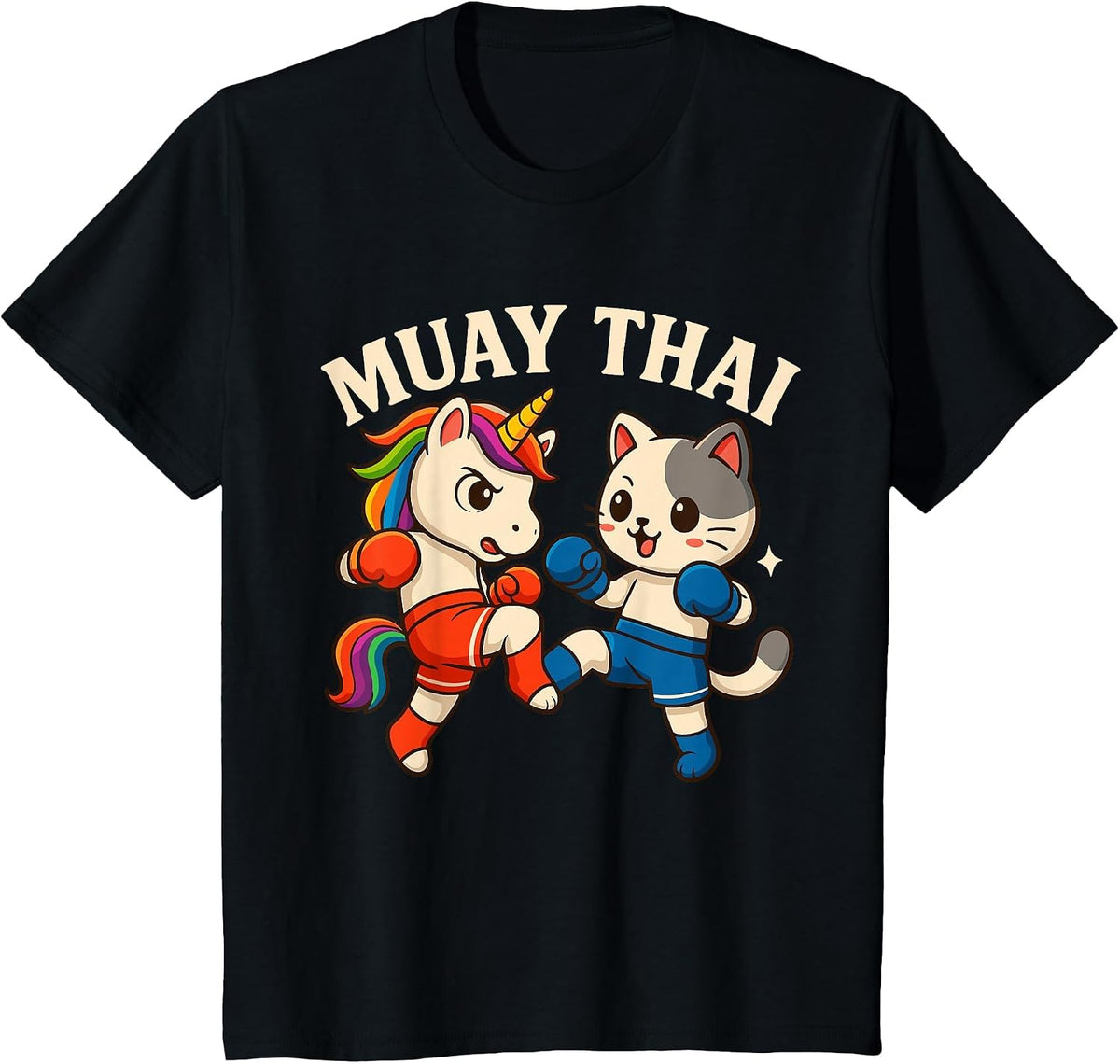 Muay Thai Unicorn Vs Cat Boxing Match for Kids T-Shirt - Black