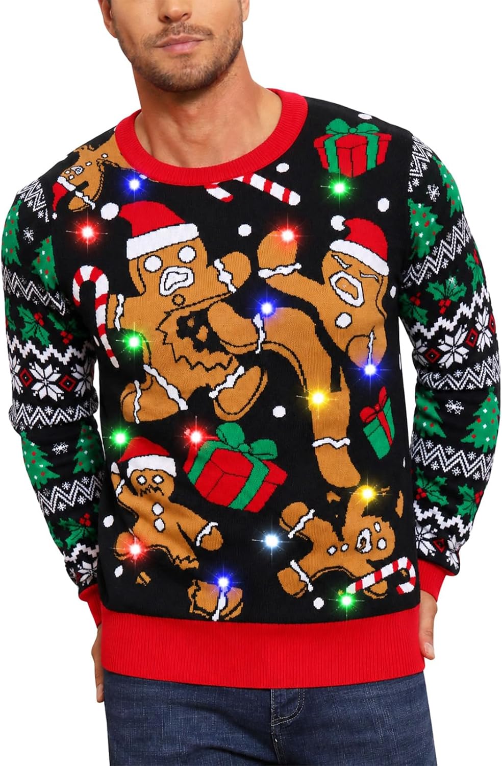 RAISEVERN Men Ugly Christmas Sweater Light Up Long Sleeve Knitted Pullover - Ginberbread