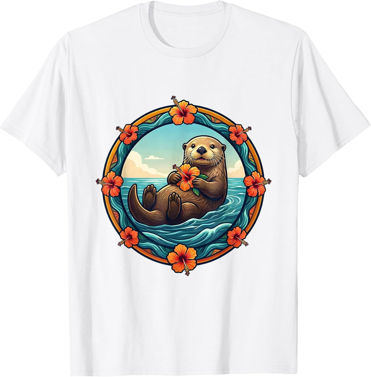 Men's Kids Hawaiian Sea Otter Hibiscus Flower Design T-Shirt - White