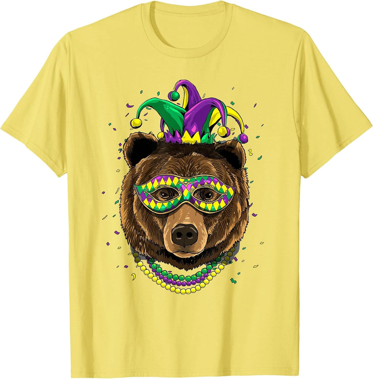 Bear Animal Lover Cute Mardi Gras Carnival Jester T-Shirt, Men, Lemon Yellow, Small - As Pictured