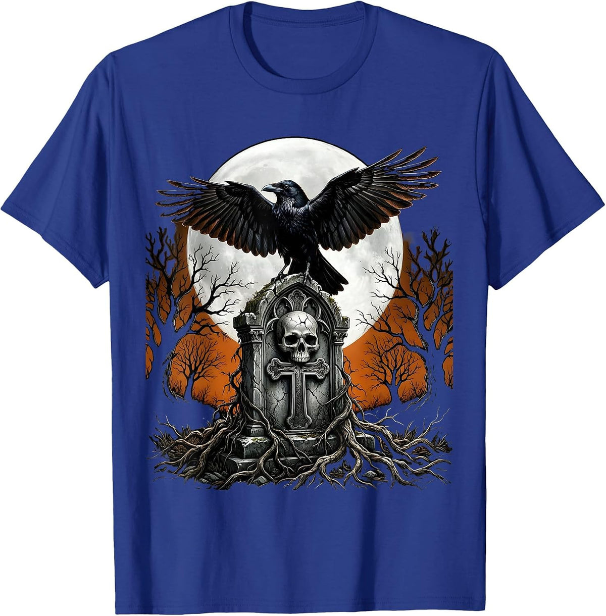 Men's Gothic Crow on Gravestone Halloween Design T-Shirt - Royal Blue