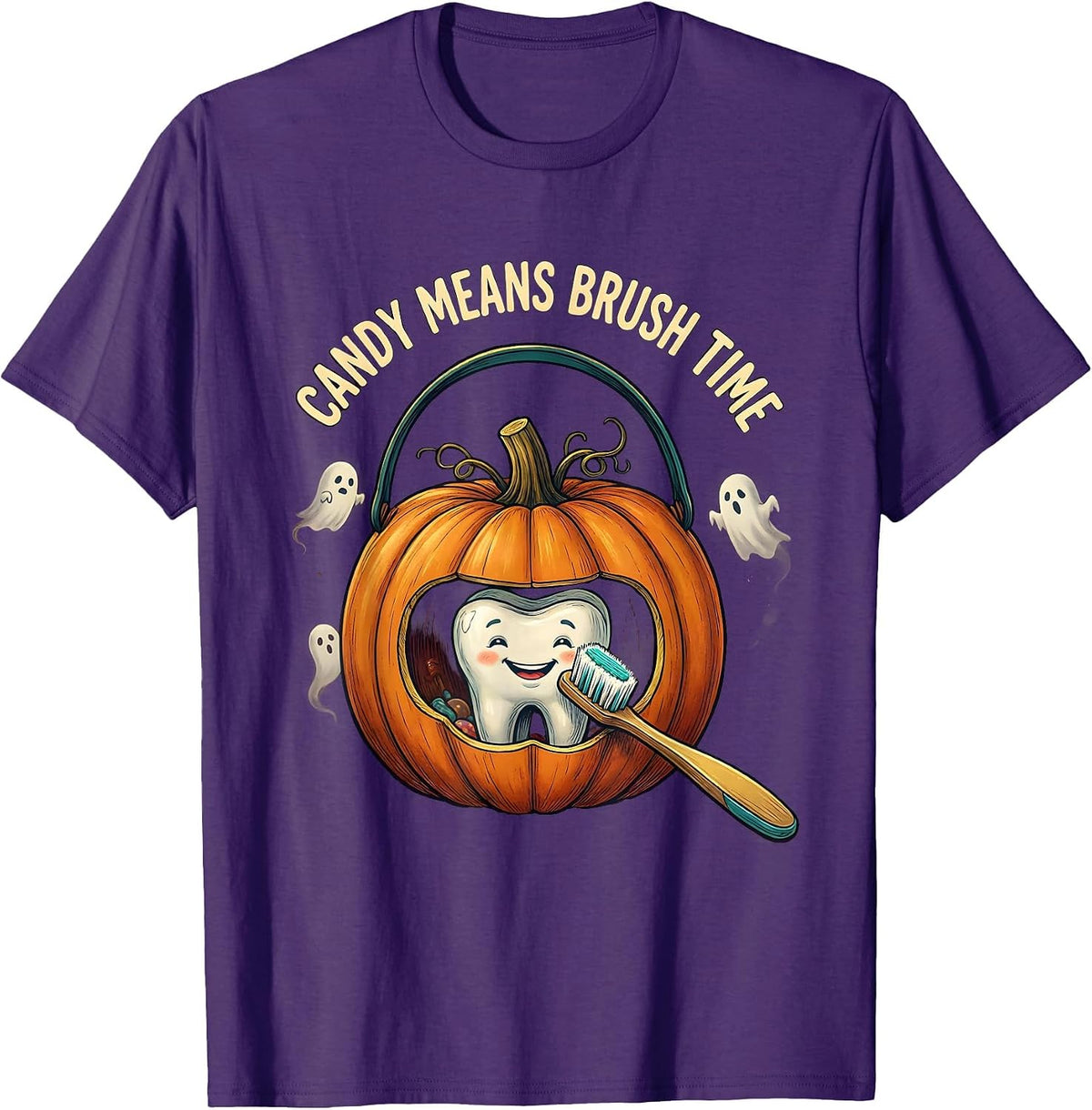 Men's Candy Means Brush Time Playful Halloween Dentist Dental T-Shirt - Purple