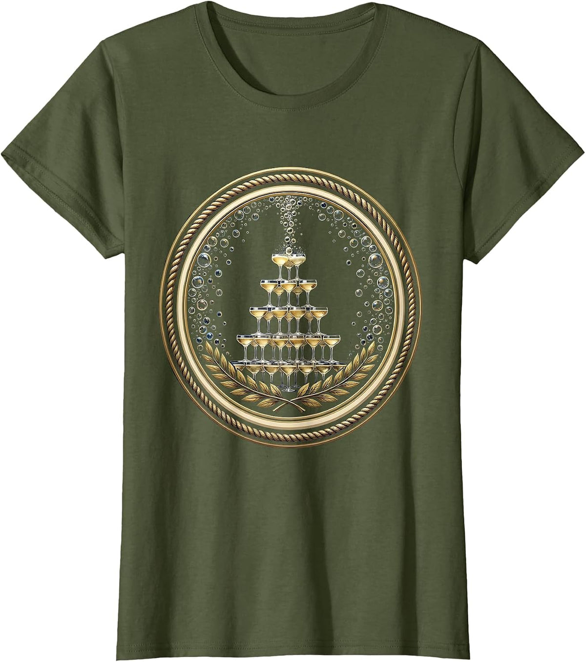 Women's Champagne Tower Celebration Bubbles Graphic T-Shirt - Olive Green