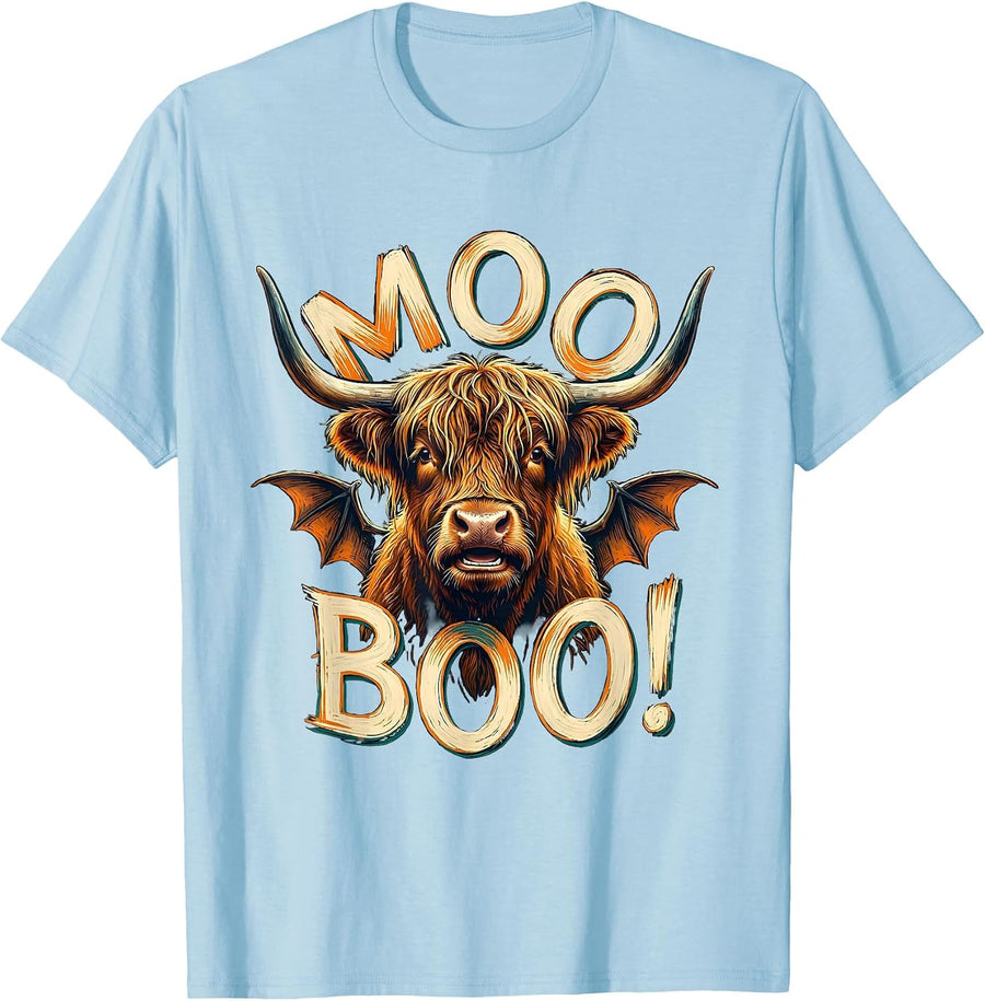 Men's Moo Boo! Whimsical Highland Cow Halloween Humor Funny T-Shirt - Baby Blue