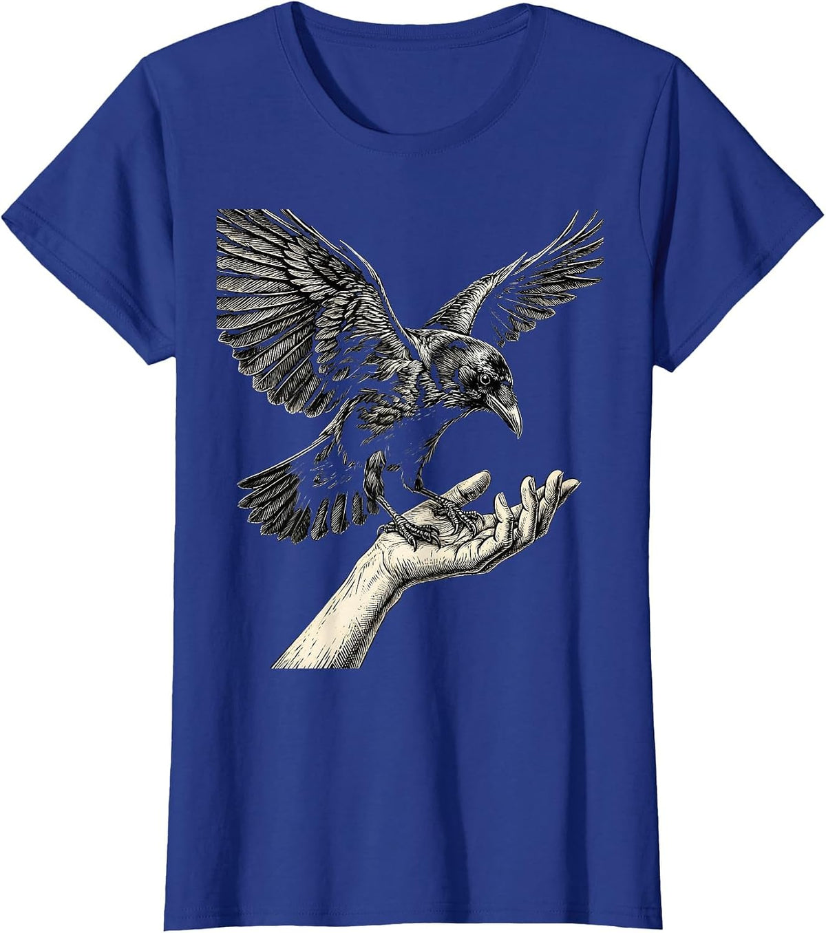 Women's Crow Landing on Outstretched Hand Illustration T-Shirt - Royal Blue