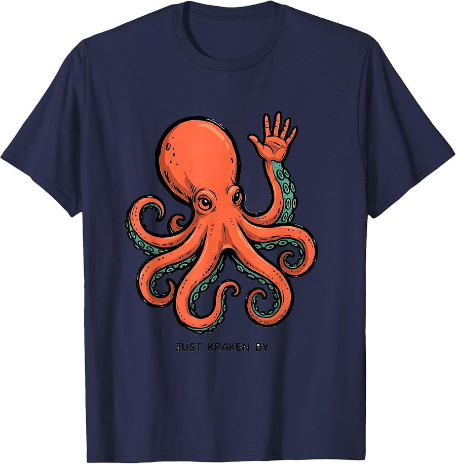 Just Kraken By Playful Octopus Lover Marine Biology Humor T-Shirt - Navy Blue
