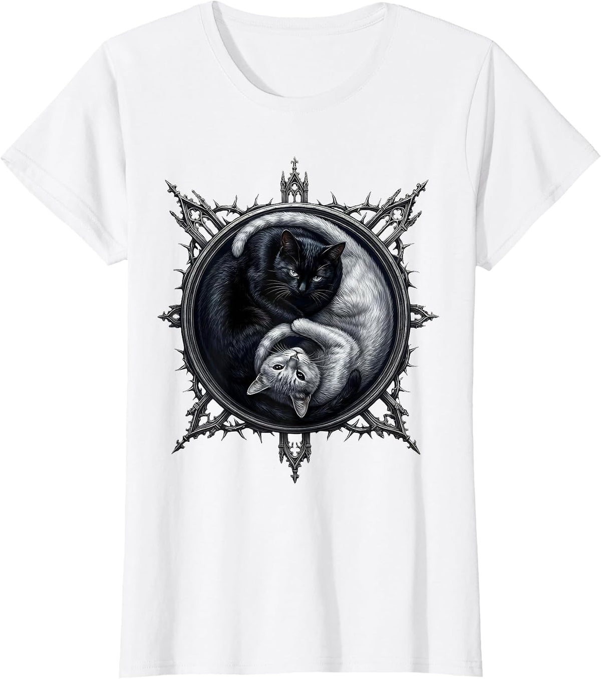 Black Cat Yin Yang Balance Graphic Design T-Shirt - White
