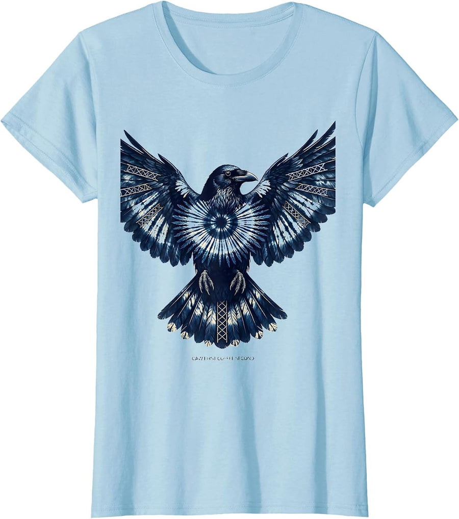 Women's Caw First Coffee Second Funny Crow Design T-Shirt - Baby Blue
