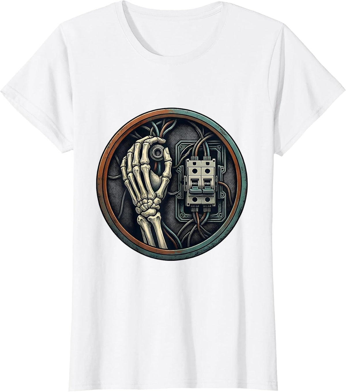 Women's Electrician Crest Skeleton Humor Electrician Gift T-Shirt - White