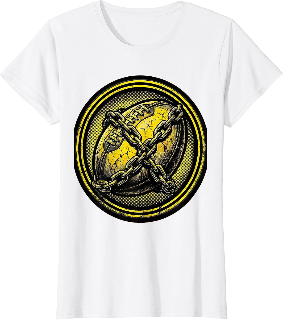 Women's Weathered Rugby Ball Wrapped in Chains Design T-Shirt - White