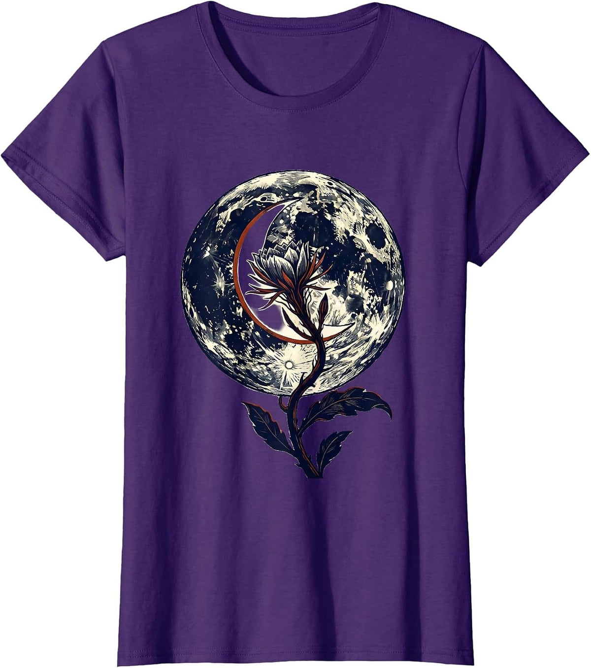 Women's Lunar Crescent Night-Blooming Stem Linocut Boho Celestial T-Shirt - Purple