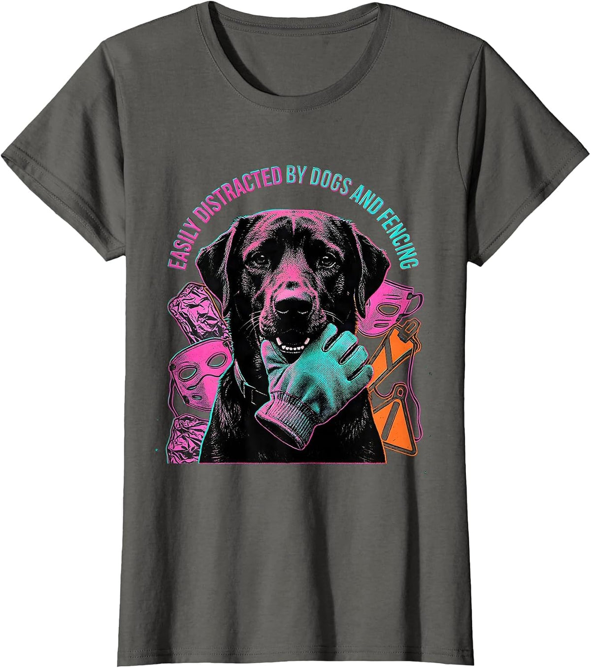 Women's Easily Distracted By Dogs And Fencing Funny Dog Lover Humor T-Shirt - Asphalt Grey