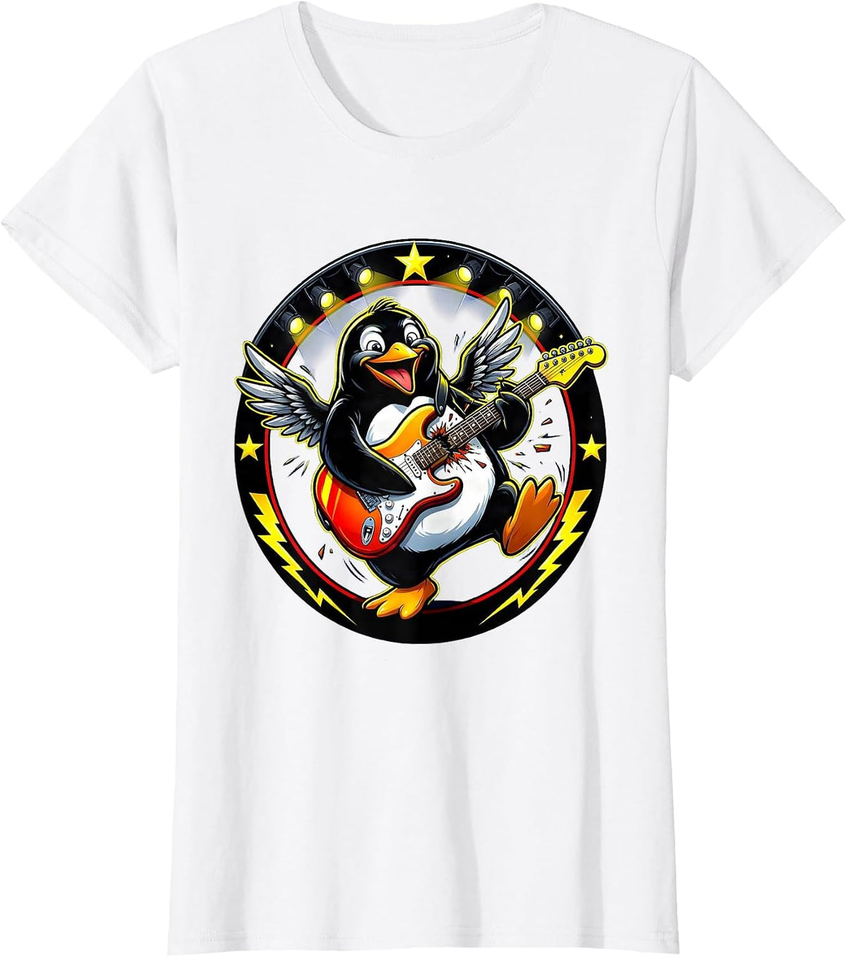 Women's Penguin Rock Star Electric Guitar Stage Design T-Shirt - White