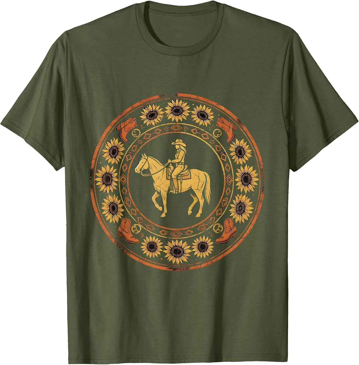Cowgirl Silhouette Horseback Riding at Dusk T-Shirt - Olive Green