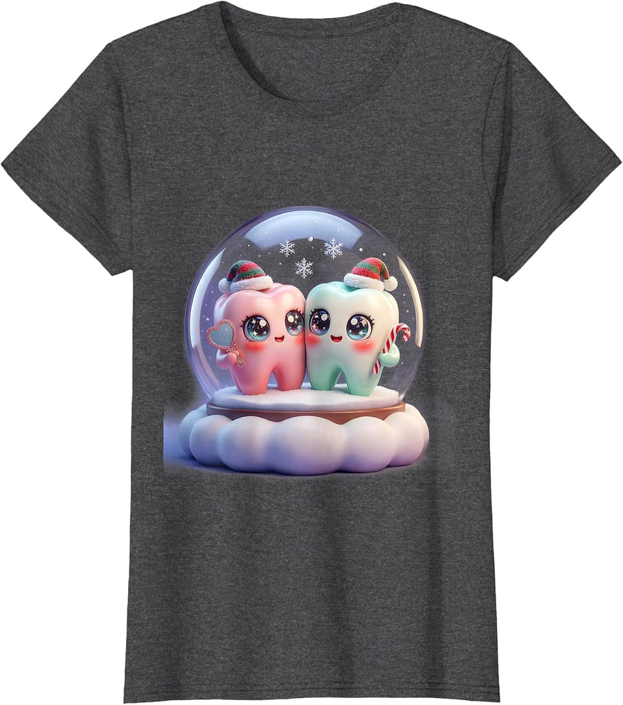 Women's Chibi Tooth Mascots Cute Kawaii Dental Christmas T-Shirt - Dark Heather Grey