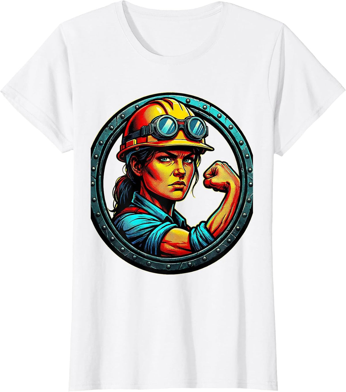 Rosie the Riveter Hard Hat and Goggles Illustration T-Shirt - White