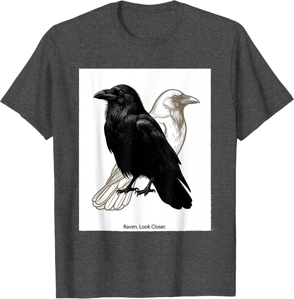 Raven Look Closer Minimalist Crow Bird Humor T-Shirt - Dark Heather Grey