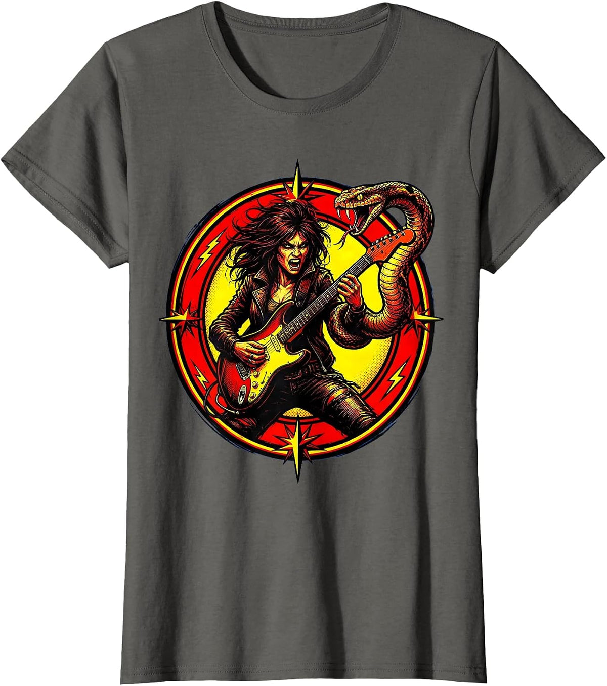 Women's Rock Goddess Snake and Electric Guitar Art T-Shirt - Asphalt Grey
