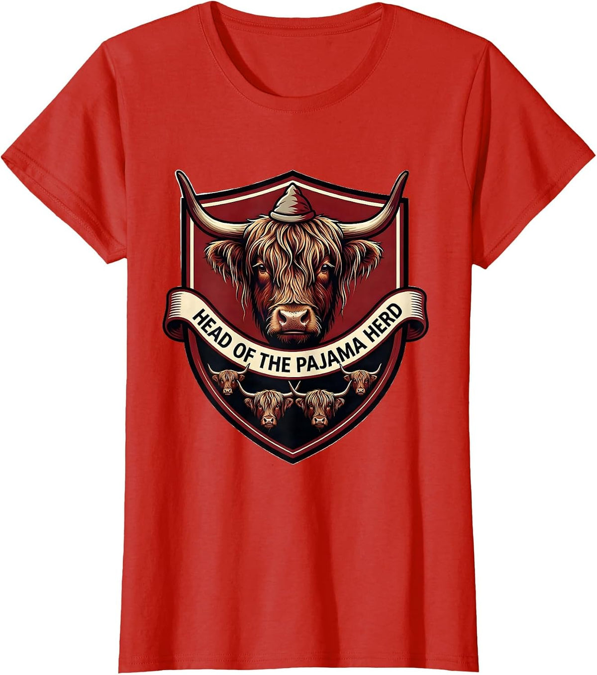 Head of the Pajama Herd Cute Highland Cow Christmas Pajama T-Shirt - Red