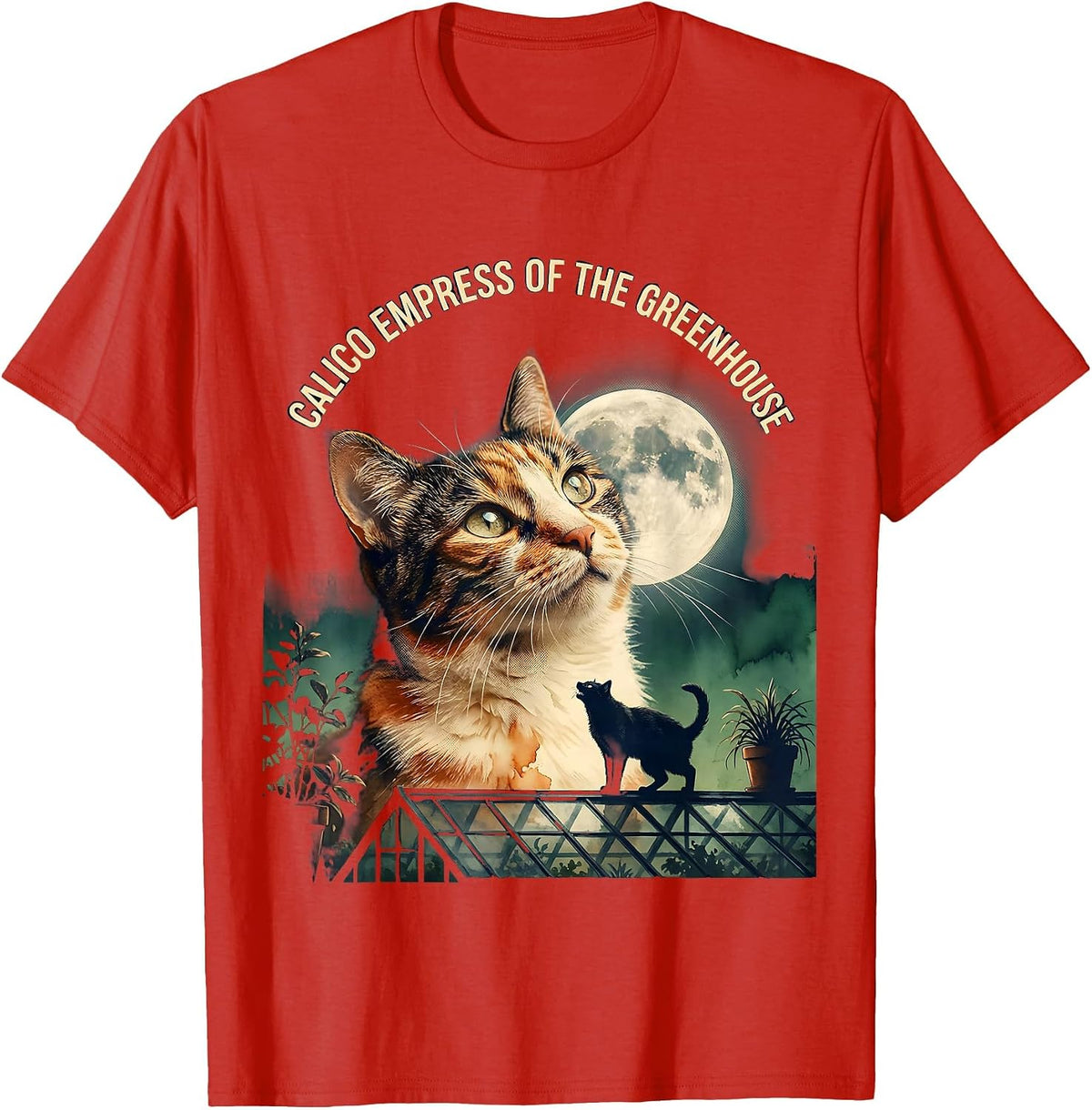 Men's Calico Empress of the Greenhouse Vintage Cat Howling at Moon T-Shirt - Red