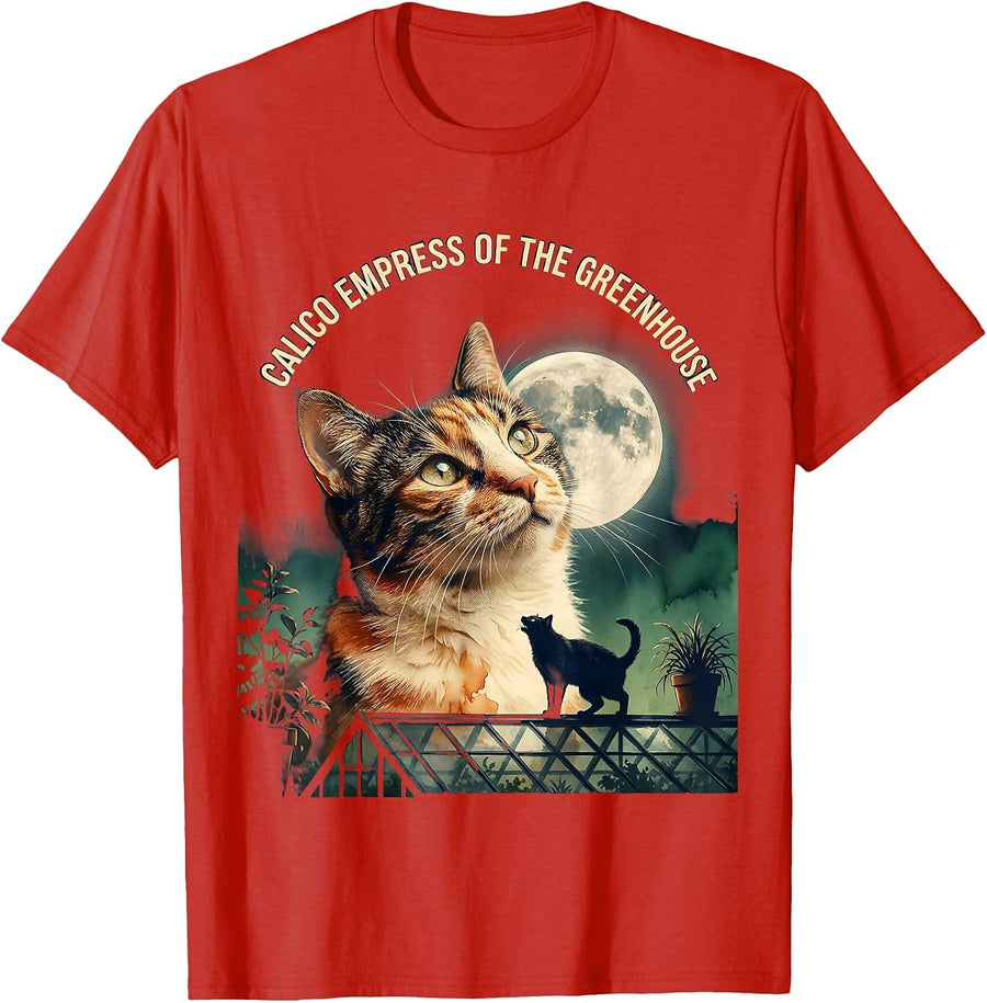 Men's Calico Empress of the Greenhouse Vintage Cat Howling at Moon T-Shirt - Red