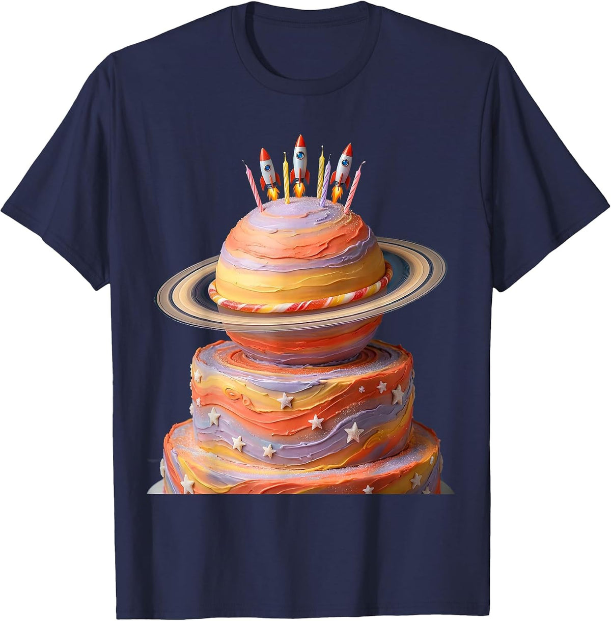 Birthday Cake Planet Outer Space Celebration Graphic T-Shirt - Navy Blue