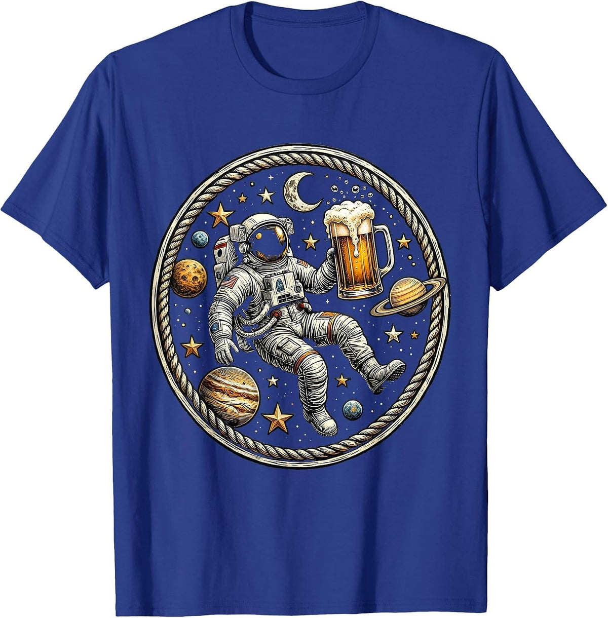 Men's Astronaut Floating With Beer in Outer Space T-Shirt - Royal Blue