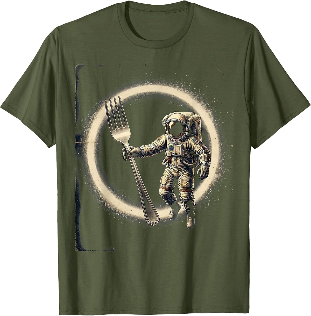 Astronaut Floating With Giant Wishbone Space Art T-Shirt - Olive Green