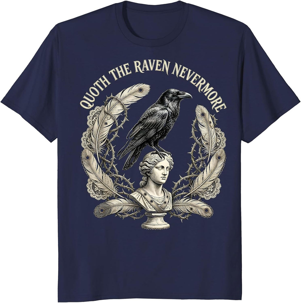 Quoth The Raven Nevermore Edgar Allan Poe Design T-Shirt - Navy Blue