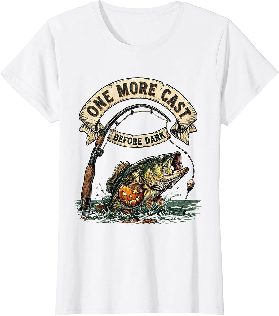 Women's One More Cast Before Dark Vintage Halloween Skeleton Fishing T-Shirt - White