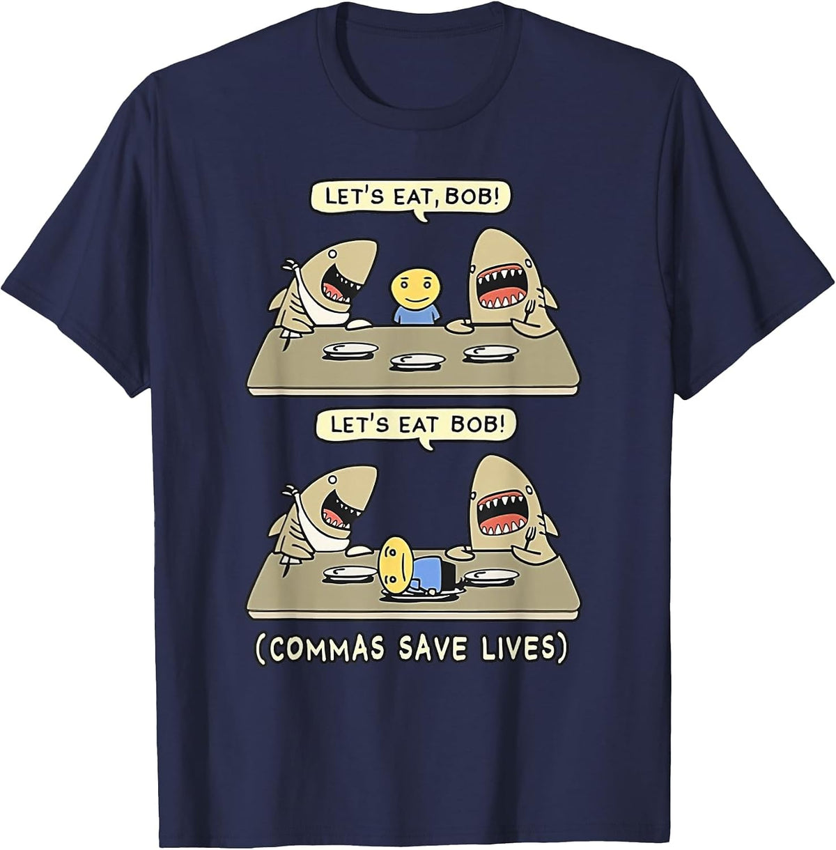 Commas Punctuation Shark Lets Eat Funny English Grammar T-Shirt - Navy Blue