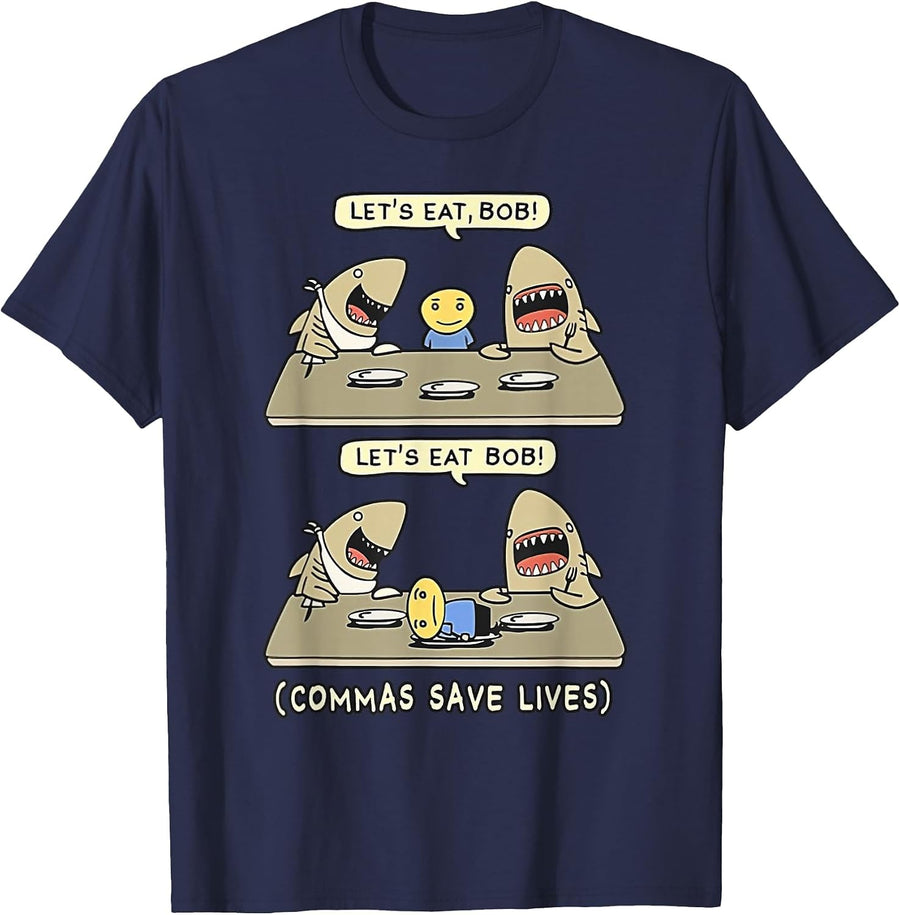 Commas Punctuation Shark Lets Eat Funny English Grammar T-Shirt - Navy Blue