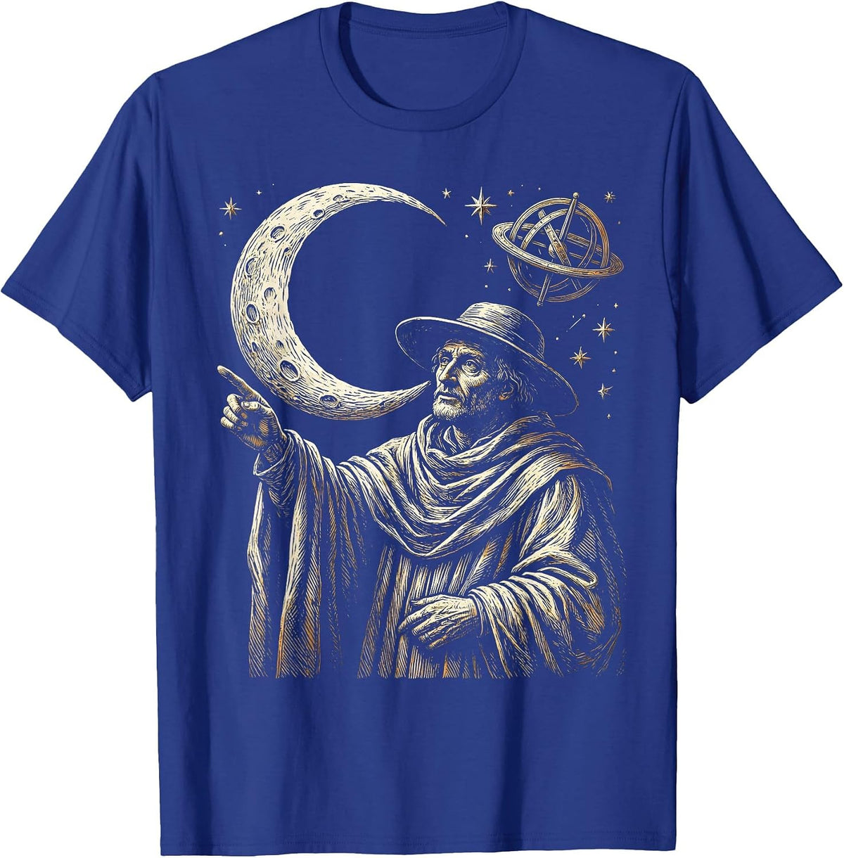 Renaissance Astronomer Crescent Moon Illustration T-Shirt - Royal Blue