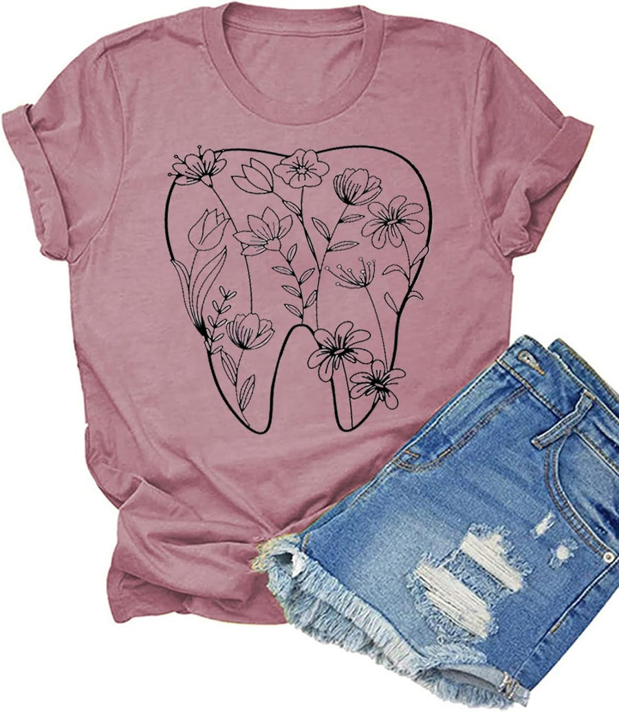 HONTOUTE Womens Flower Graphic T Shirt Dental Hygienist Crewneck Short Sleeve Dentist Assistant School Tops Tees Blouse -