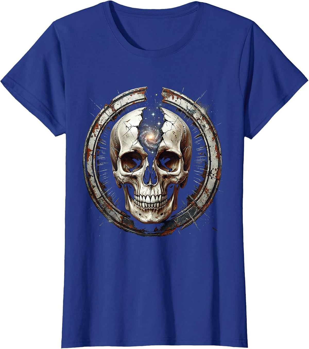 Women's Cosmic Skull Galaxy Universe Split Open Design T-Shirt - Royal Blue