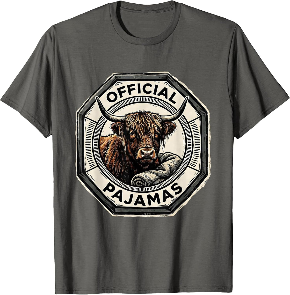 Official Pajamas Funny Highland Cow Sleepwear Gift T-Shirt - Asphalt Grey