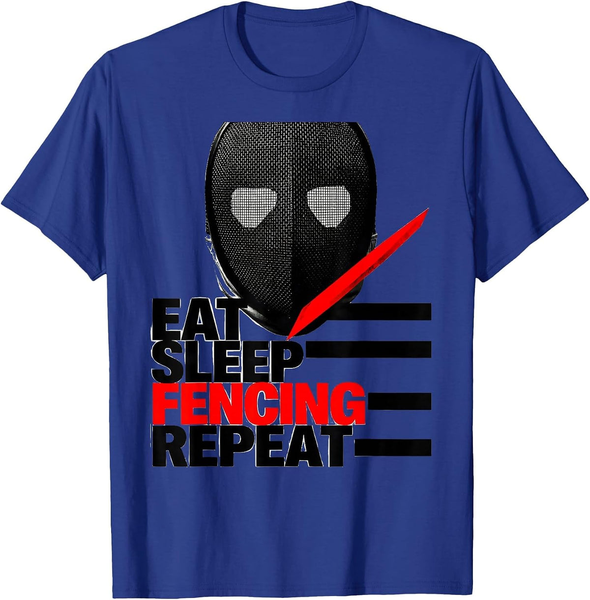 Men's EAT SLEEP FENCING REPEAT Brutalist Graphic Sport Fan Humor T-Shirt - Royal Blue