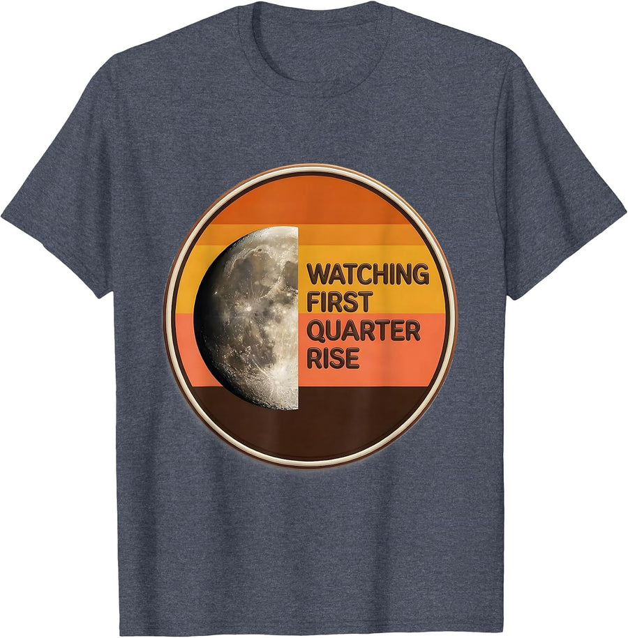 Watching First Quarter Rise Retro 70s Moon Phase Celestial T-Shirt - Heather Blue