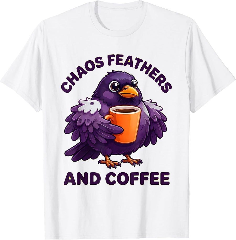 Men's Chaos Feathers and Coffee Crow Design T-Shirt - White