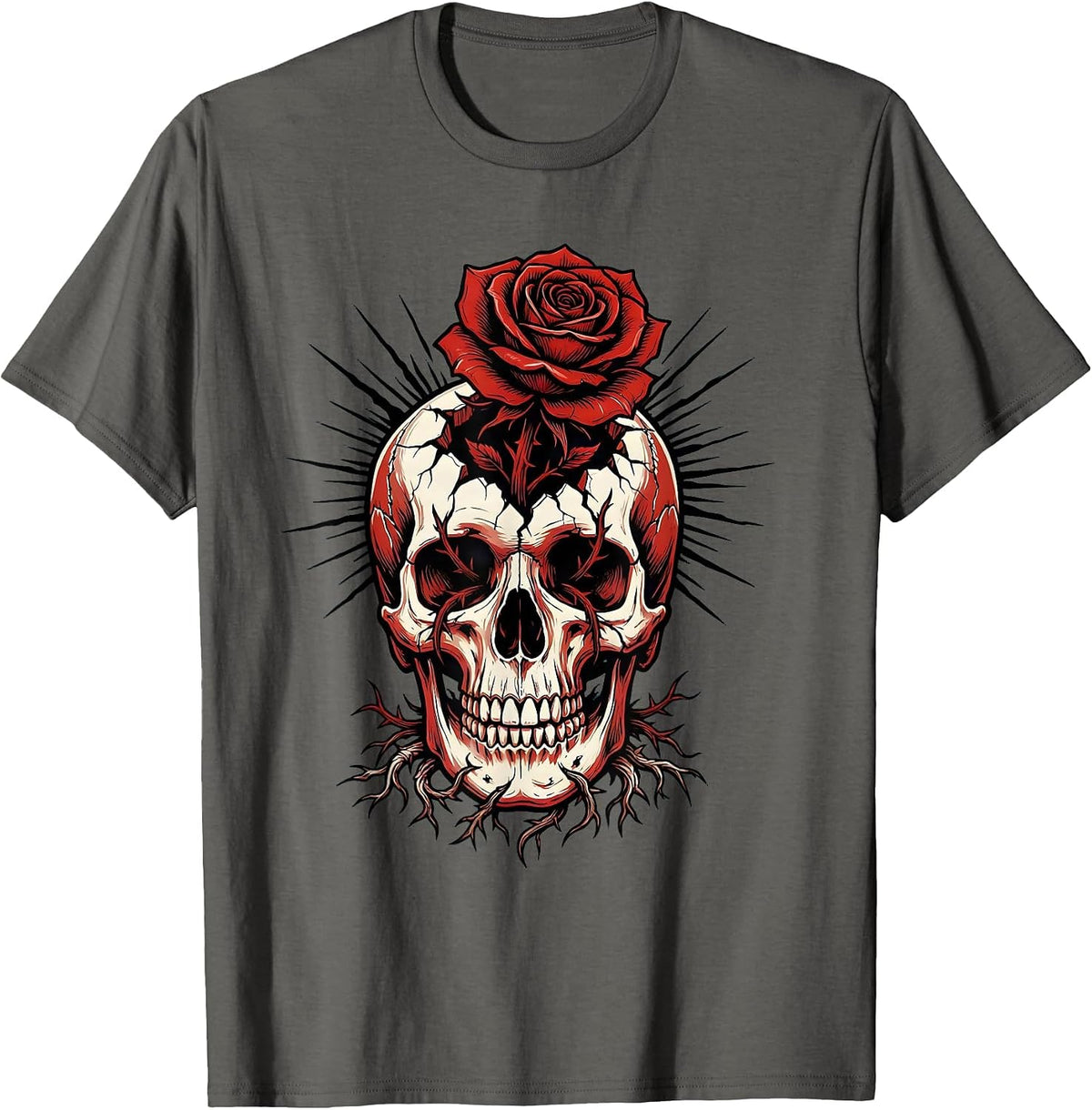Emo Flower Cracked Skull Graphic Tee T-Shirt - Asphalt Grey