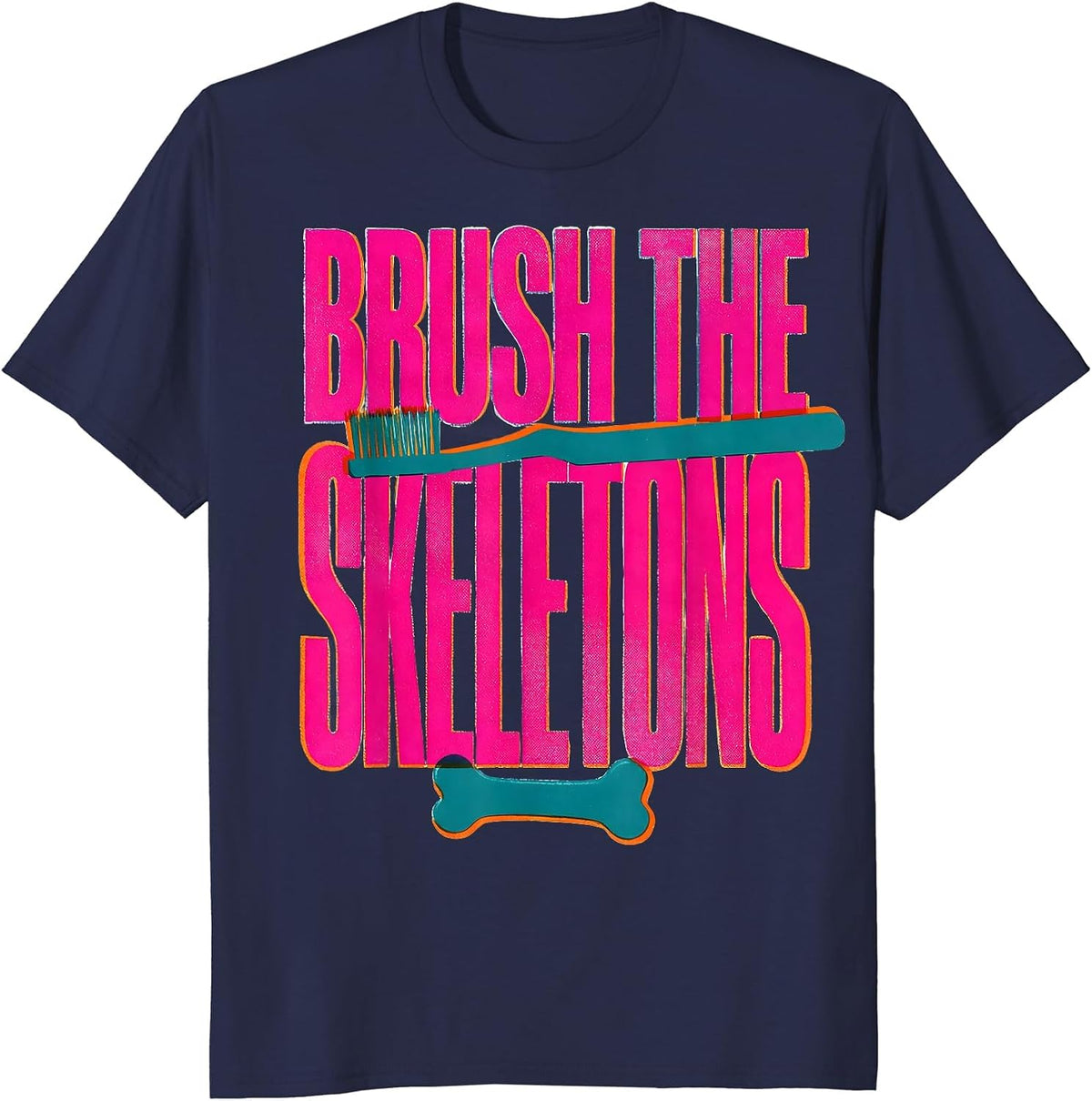 Brush the Skeletons Risograph Halloween Dentist Dental Humor T-Shirt - Navy Blue