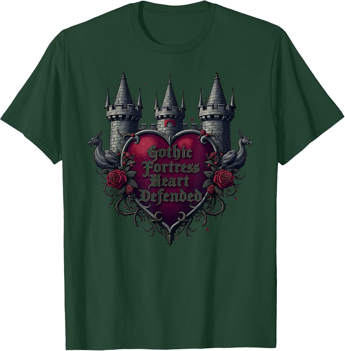 Gothic Fortress Heart Defended Dark Romance T-Shirt - Dark Green